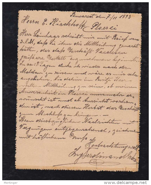 Rumänien Romania 1893 Stationery Letter Card BUCAREST To POLESCI - Briefe U. Dokumente