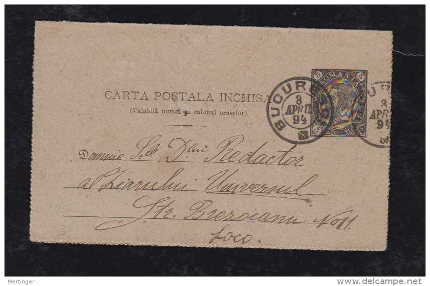 Rumänien Romania 1894 Stationery Letter Card Local Use BUCAREST - Briefe U. Dokumente