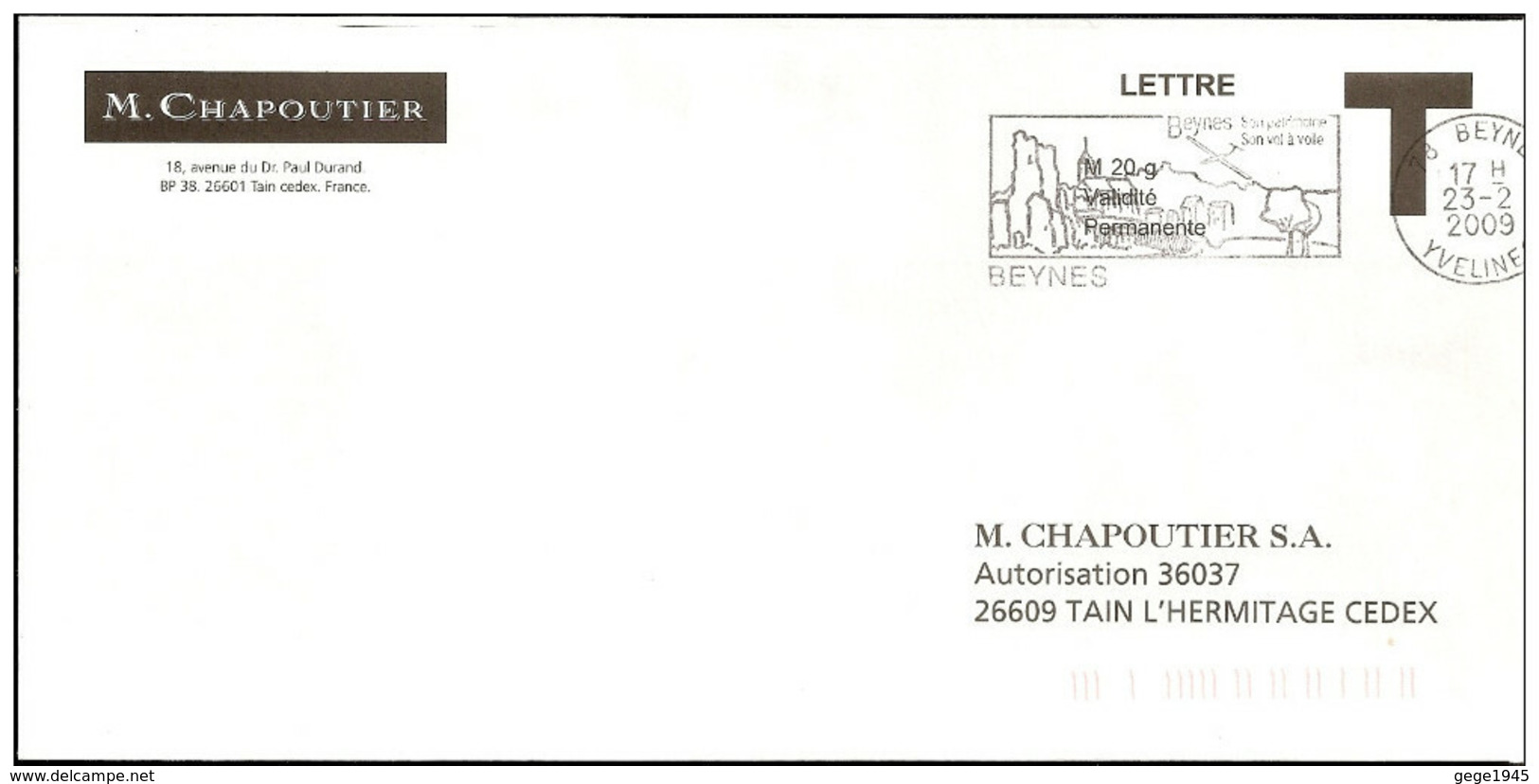 Lettre T   " CHAPOUTIER " Avec Flamme De Beynes  ( 78 )  Daté Du  23 - 02 - 2009 - Cartes/Enveloppes Réponse T