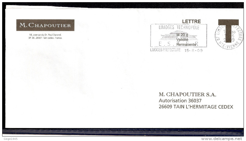Lettre T   " CHAPOUTIER " Avec Flamme De  Limoges  (  87  )  Daté Du  15 - 06 - 2009 - Karten/Antwortumschläge T