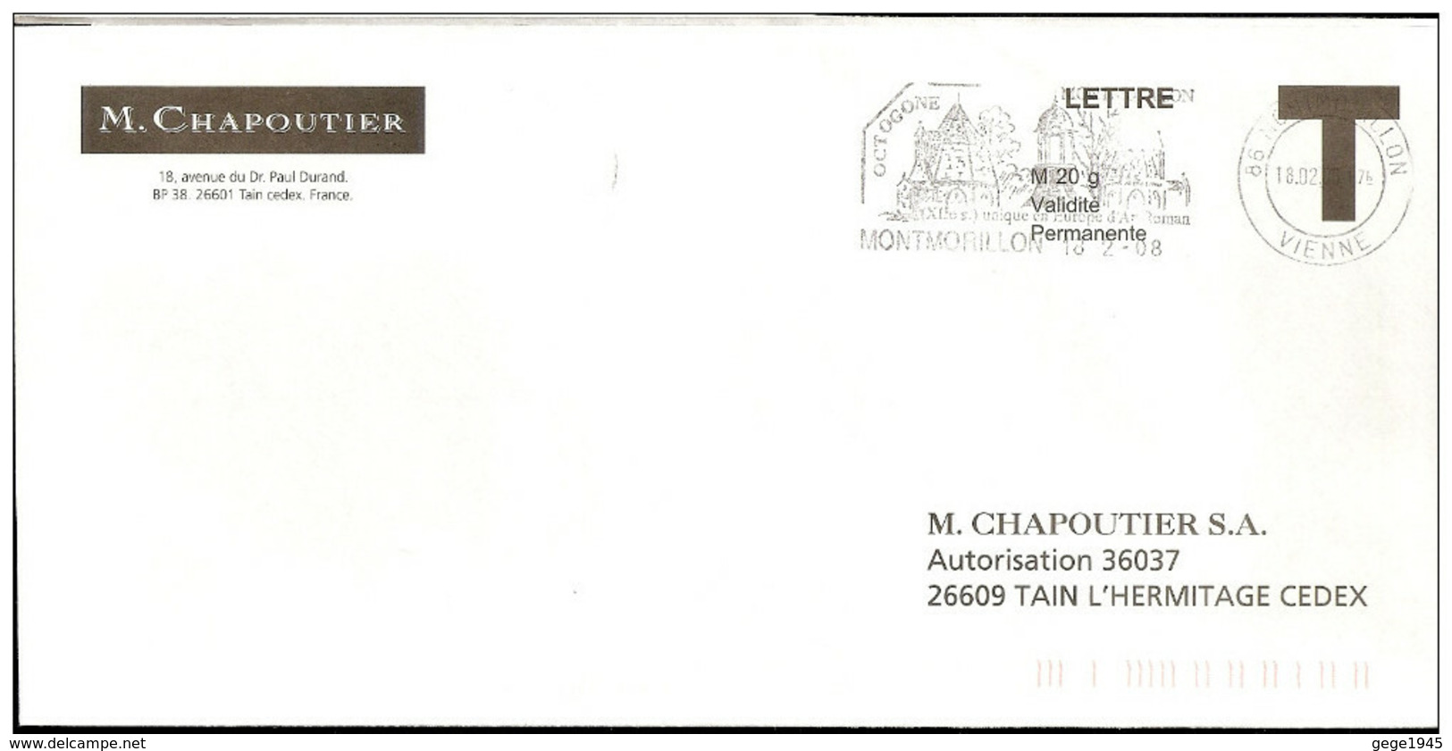 Lettre T   " CHAPOUTIER " Avec Flamme De   Montmorillon (  86   )  Daté Du  18 - 02 - 2008 - Cartes/Enveloppes Réponse T