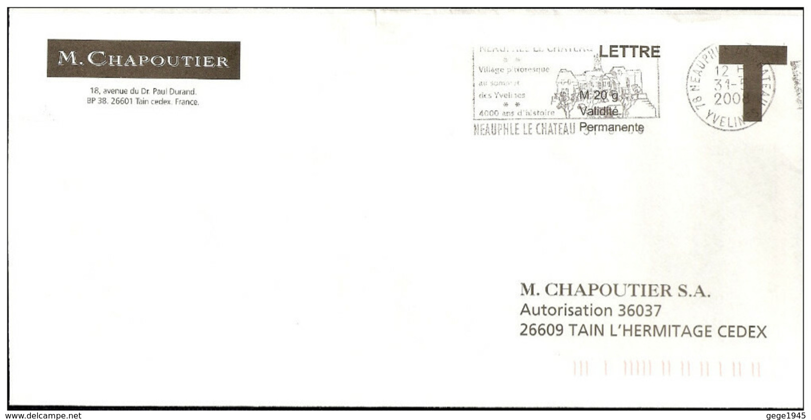 Lettre T   " CHAPOUTIER " Avec Flamme De   Neauphle Le Chateau  (  38  )  Daté Du  31 - 05 - 2008 - Karten/Antwortumschläge T