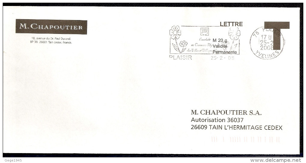 Lettre T   " CHAPOUTIER " Avec Flamme De   Plaisir (  78  )  Daté Du  25 - 02  - 2008 - Cartes/Enveloppes Réponse T