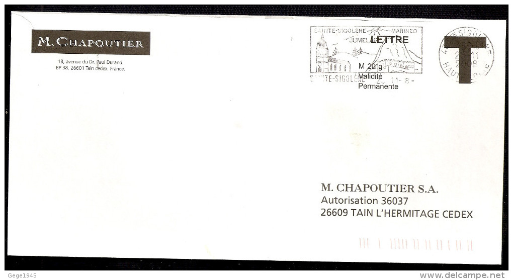 Lettre T   " CHAPOUTIER " Avec Flamme De   Sainte - Sigolene   (  43  )  Daté Du  25 - 11  - 2008 - Cartes/Enveloppes Réponse T