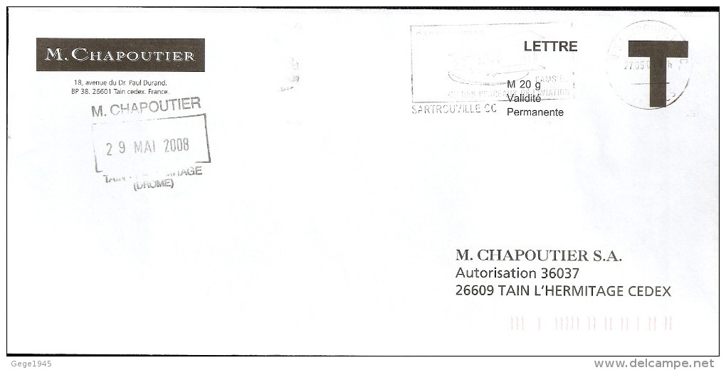 Lettre T   " CHAPOUTIER " Avec Flamme De   Sartrouville  (  68  )  Daté Du  27 - 05  - 2008 - Cartes/Enveloppes Réponse T