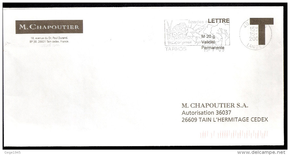 Lettre T   " CHAPOUTIER " Avec Flamme De   Tarnos  (  40  )  Daté Du  15 - 07 - 2009 - Cartes/Enveloppes Réponse T