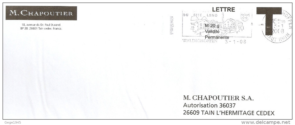 Lettre T   " CHAPOUTIER " Avec Flamme De   Waldighoffen (  68  )  Daté Du  03 - 01 - 2008 - Cartes/Enveloppes Réponse T