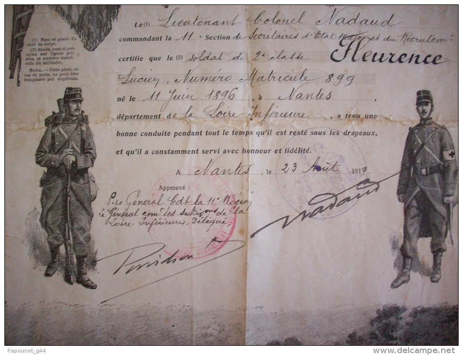 Certificat De Bonne Conduite Nantes1919 -11ème Corps D'Armée 11ème Section De Secrétaires D'Etat Major Et De Recrutement - Diplomas Y Calificaciones Escolares