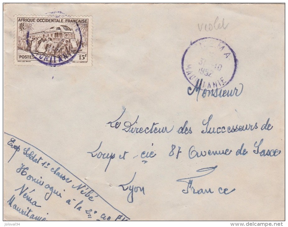 AOF Yvert  40  Sur Lettre Cachet NEMA Mauritanie 19/8/1952 - Covers & Documents