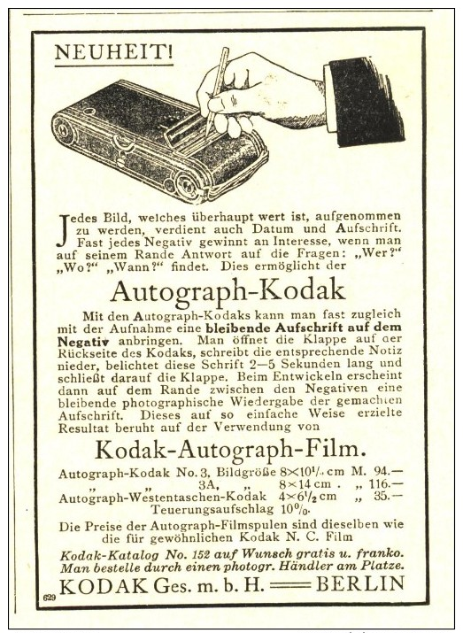 Original-Werbung/ Anzeige 1915 - KODAK AUTOGRAPH / FILM - Ca. 70 X 100 Mm - Reclame