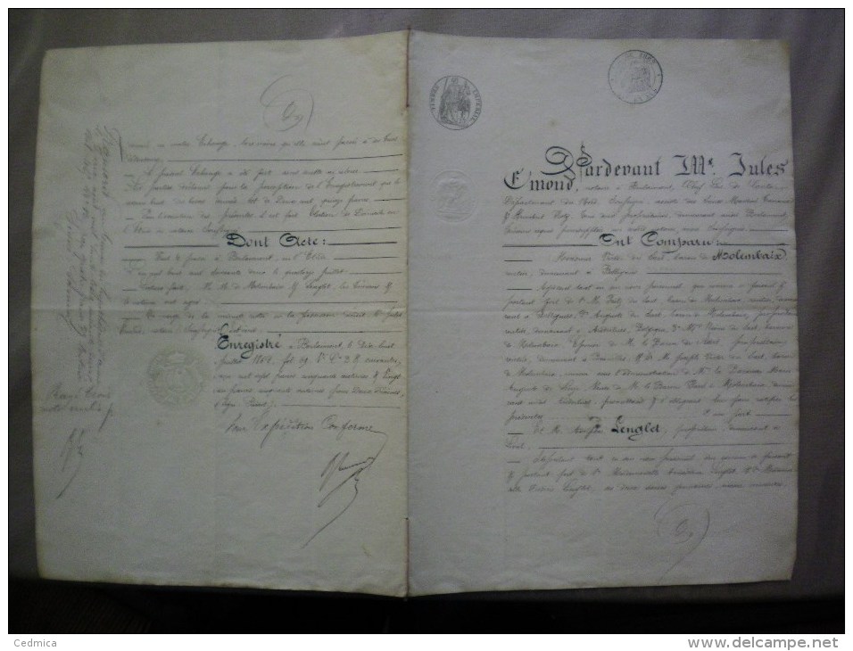 14 JUILLET 1862 VICTOR DU SART BARON DE MOLEMBAIX A BELLIGNIES NORD ACTE ECHANGE DE TERRES CACHETS FISCAUX - Manuscrits