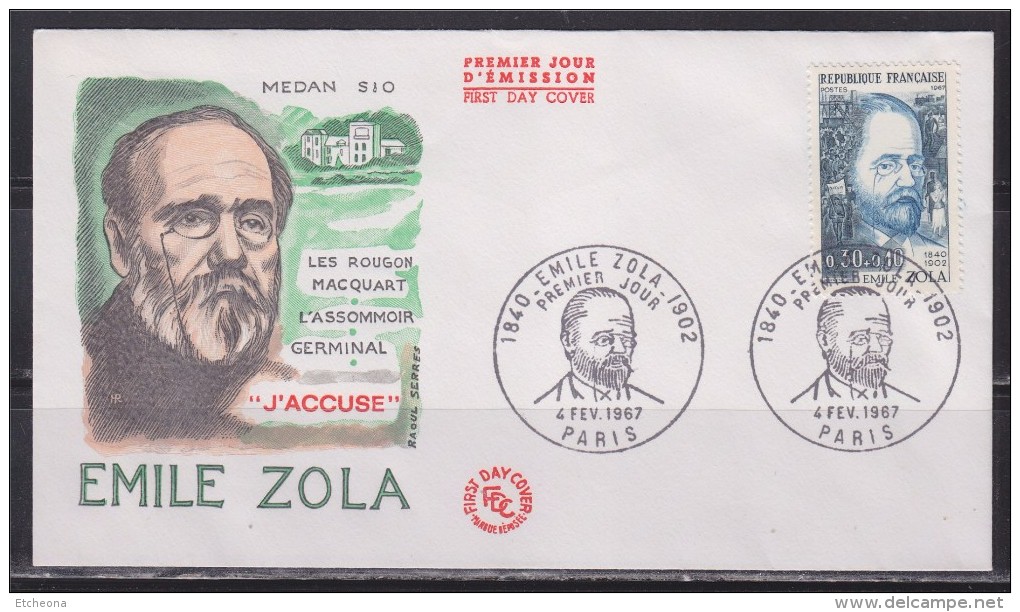 = Emile Zola Enveloppe 1 Er Jour Paris 4.2.67 N°1511 Portrait De L'écrivain Et Journaliste Français - 1960-1969