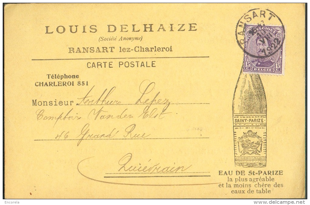 15 Centimes Violet, Obl. Sc RANSART Sur Carte Illustrée (Louis Delhaize Eau De St-Parize) Du 10-VIII-1922 Vers Quiévrain - 1915-1920 Albert I