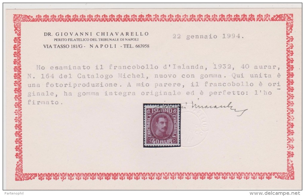 ISLANDA ISLAND 1931-34 CRISTIANO X 40 A Lilac  MNH CERT. CHIAVARELLO CAT. € 1640,00 - Nuevos