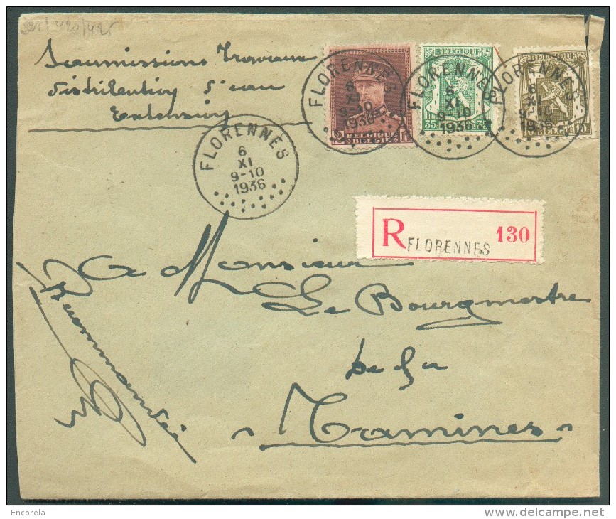 2Fr. KEPI + 10 Et 35 Cent. Lion Obl. Sc FLORENNES Sur Lettre Recommandée Du 6-XI-1936 VersTamines - 10711 - 1931-1934 Chepi