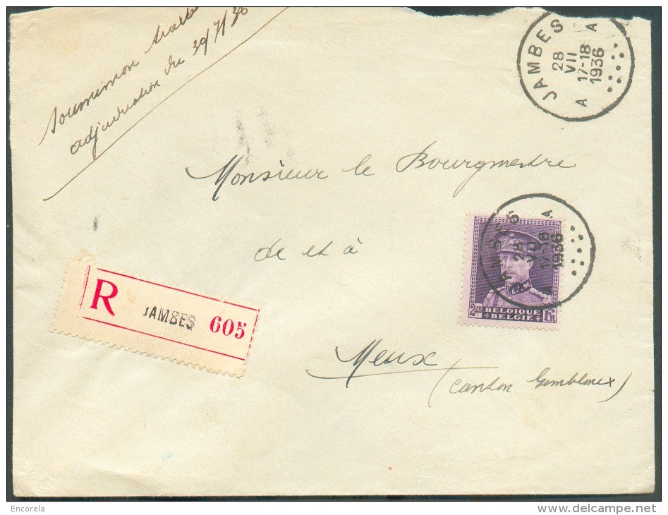 2Fr.45 KEPI Obl. Sc JAMBES Sur Lettre Recommandée Du 28-VII-1936 Vers Meux - 10712 - 1931-1934 Mütze (Képi)