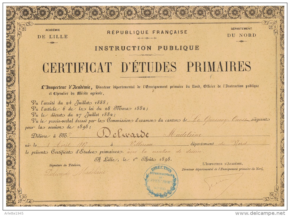 CERTIFICAT  D'ETUDES  PRIMAIRES   ELEVE  DE  VILLEREAU   (NORD)  1898 - Diplômes & Bulletins Scolaires