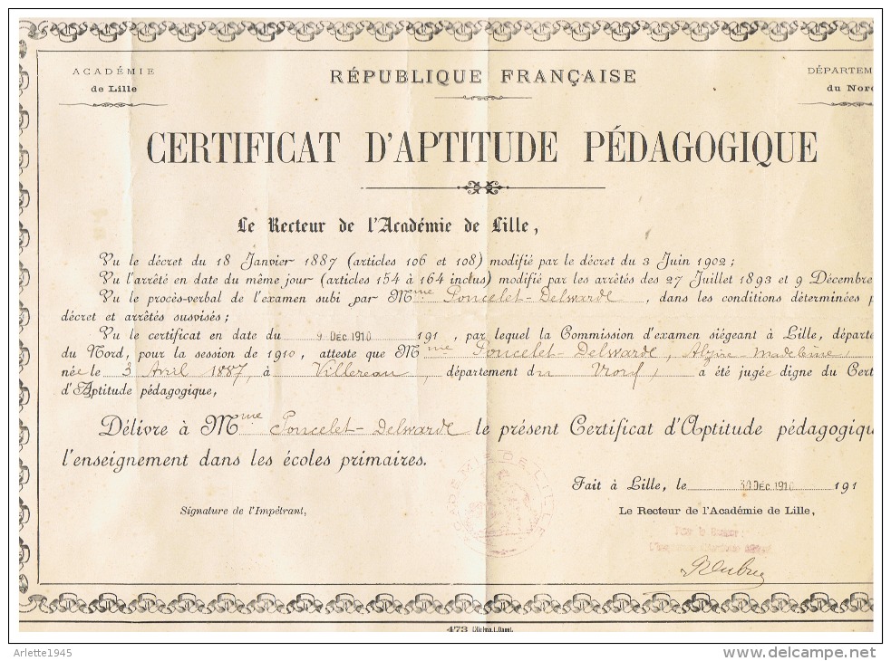 CERTIFICAT  D'APTITUDE  PEDAGOGIQUE     ELEVE  DE  VILLEREAU   (NORD)  1910 - Diplômes & Bulletins Scolaires