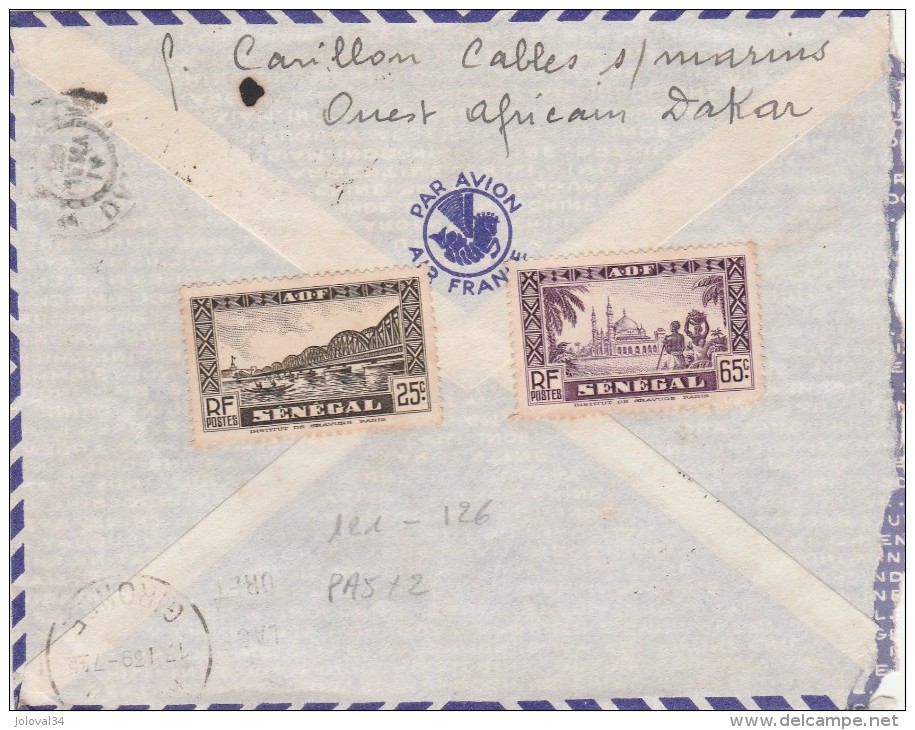 Sénégal Yvert 121 + 126 + PA 5 X 2 Sur Lettre Avion  DAKAR 1939 - Covers & Documents