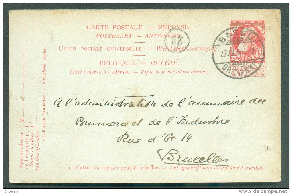 E.P. Carte 10 Centimes Grosse Barbe (partie Réponse), Obl. Dc BASEL BRE.EXP. (Suisse) Du 27-IV-1908 Vers Bruxelles. - 10 - Postcards 1871-1909