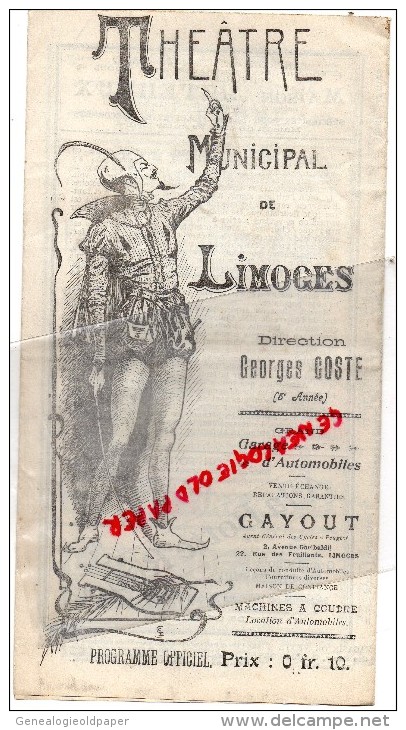 87 - LIMOGES - PROGRAMME THEATRE MUNICIPAL - GEORGES COSTE- JEUDI 19 -01-1911- LA FILLE DE MADAME ANGOT- GALERIES- - Programmes