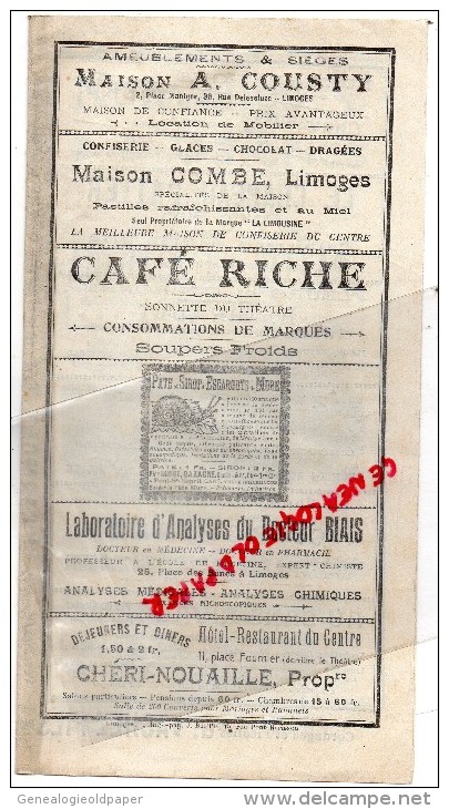 87 - LIMOGES - PROGRAMME THEATRE MUNICIPAL - GEORGES COSTE- JEUDI 19 -01-1911- LA FILLE DE MADAME ANGOT- GALERIES- - Programmes