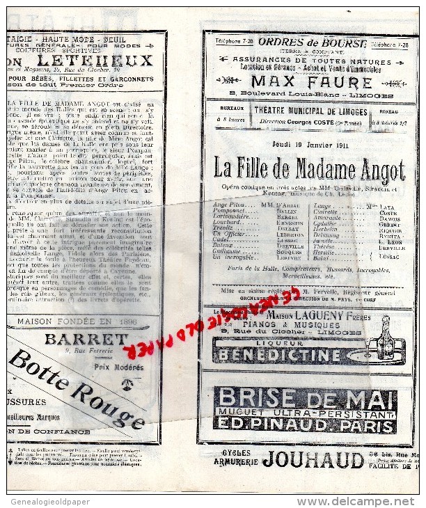 87 - LIMOGES - PROGRAMME THEATRE MUNICIPAL - GEORGES COSTE- JEUDI 19 -01-1911- LA FILLE DE MADAME ANGOT- GALERIES- - Programmes
