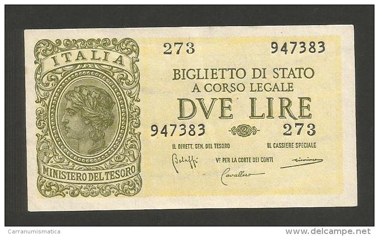 ITALIA - 2 LIRE ITALIA LAUREATA - (Firme: Bolaffi / Cavallaro / Giovinco - Decr. 23/11/1944) LUOGOTENENZA - Italia – 2 Lire