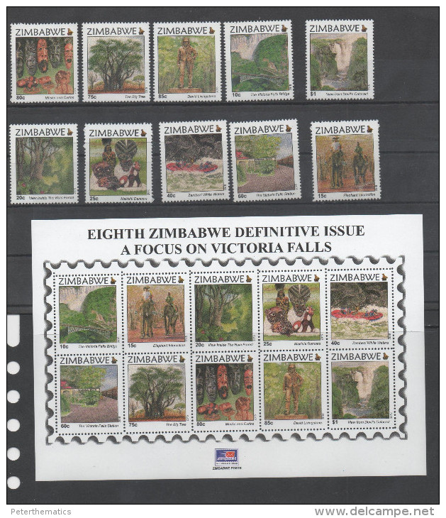 ZIMBABWE , 2015, MNH, DEFINITIVES, VICTORIA FALLS, WATERFALLS, TRAINS, BRIDGES, ELEPHANTS, TREES, MASKS, 12v+SHEETLET - Andere & Zonder Classificatie