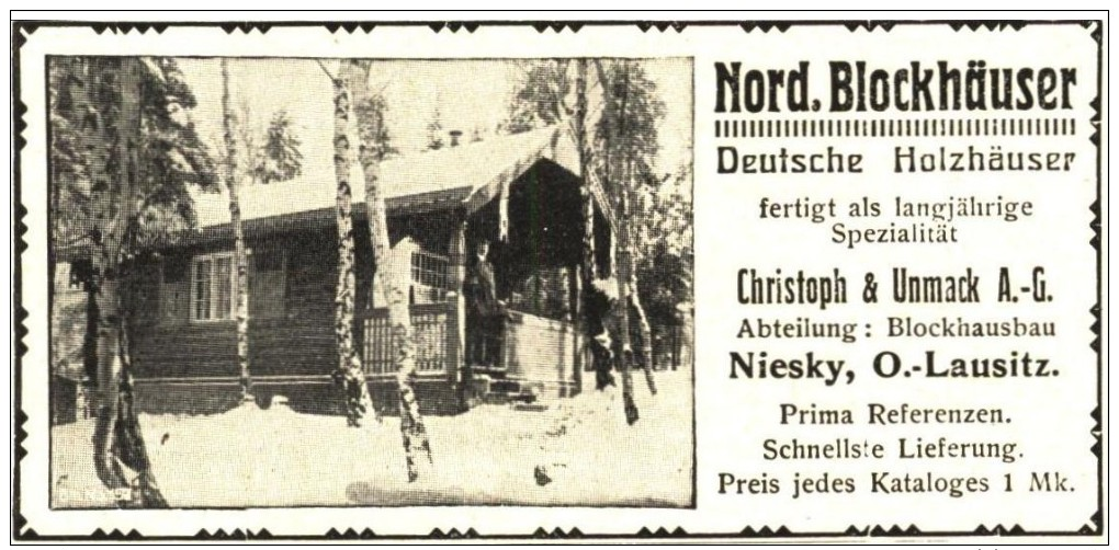 Original-Werbung/ Anzeige 1917 - NORDISCHE BLOCKHÄUSER / CHRISTOPH & UNMACK - NIESKY NIEDERSCHLESIEN - Ca. 90 X 45 Mm - Werbung