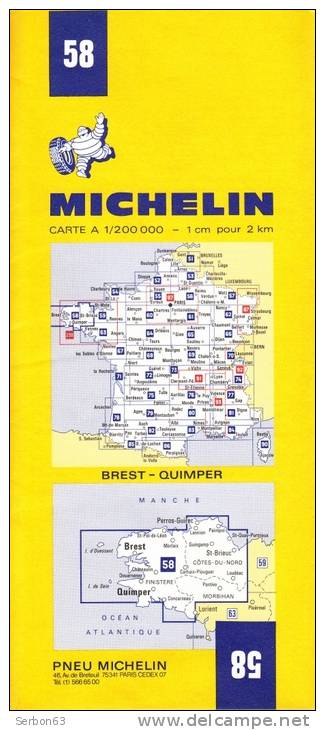 1 CARTE MICHELIN N°58 NEUVE PATINE SOLDE LIBRAIRIE MANUFACTURE FRANCAISE DES PNEUMATIQUES TOURISME FRANCE 1974 BREST QU - Kaarten & Atlas