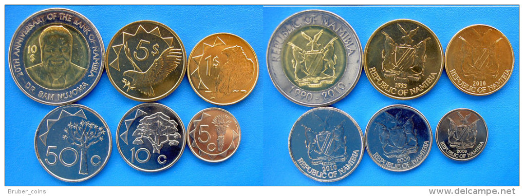 NAMIBIA  SERIE 6 PZ 1993   2010 CON BIMETALLICA 10$  5$  1$  50-10-5- CENT FDC UNC - Namibia