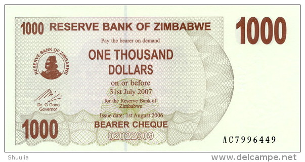 Zimbabwe 1000 Dollars 2007 Pick 44 UNC - Zimbabwe