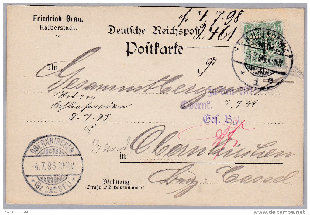 DR 1898-07-03 HALBERSTADT Postkarte Mit 5Rp. Perfin "F.G." Friedrich Grau Kolen - Andere & Zonder Classificatie