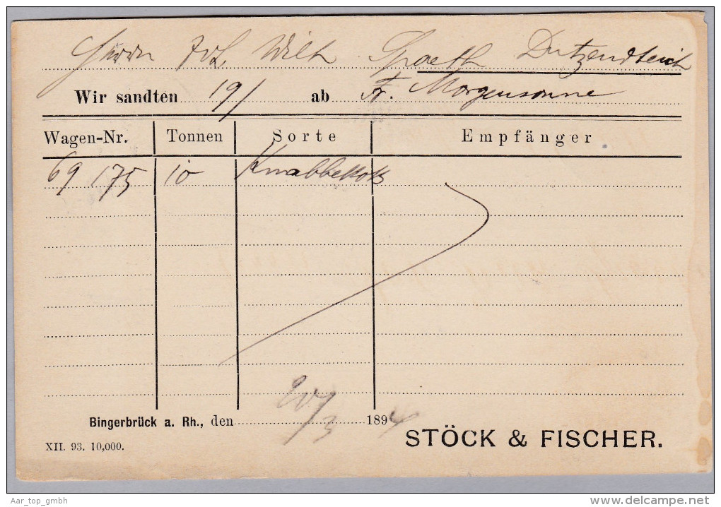 DR 1894-03-20 BINGERBRÜCK Postkarte 5Pf Perfin "S&R"Söck&Fischer" Kolenhandel - Andere & Zonder Classificatie