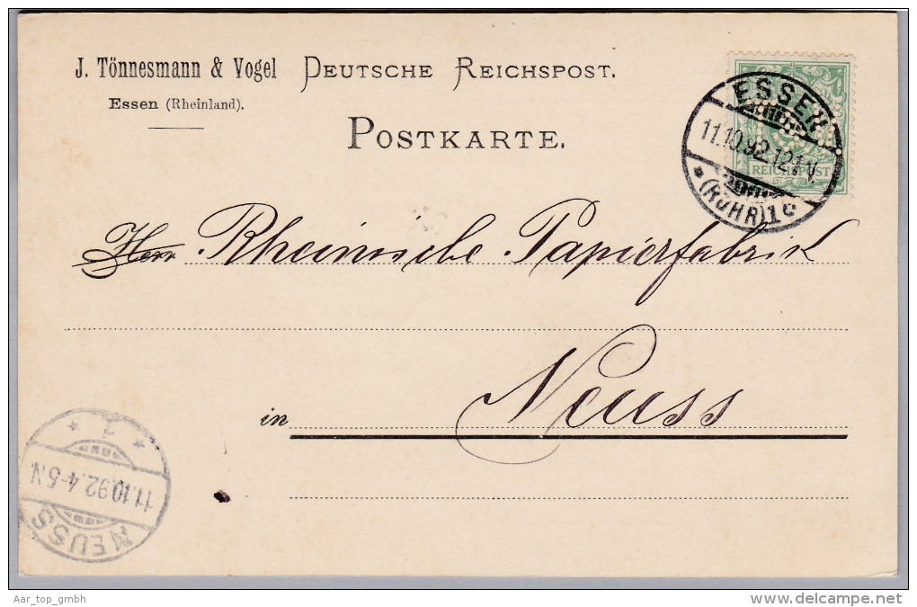 DR 1892-10-11 ESSEN Postkarte Mit 5Pf Perfin "T&V" J.Tönnesmann & Vogel Papierwaren - Sonstige & Ohne Zuordnung