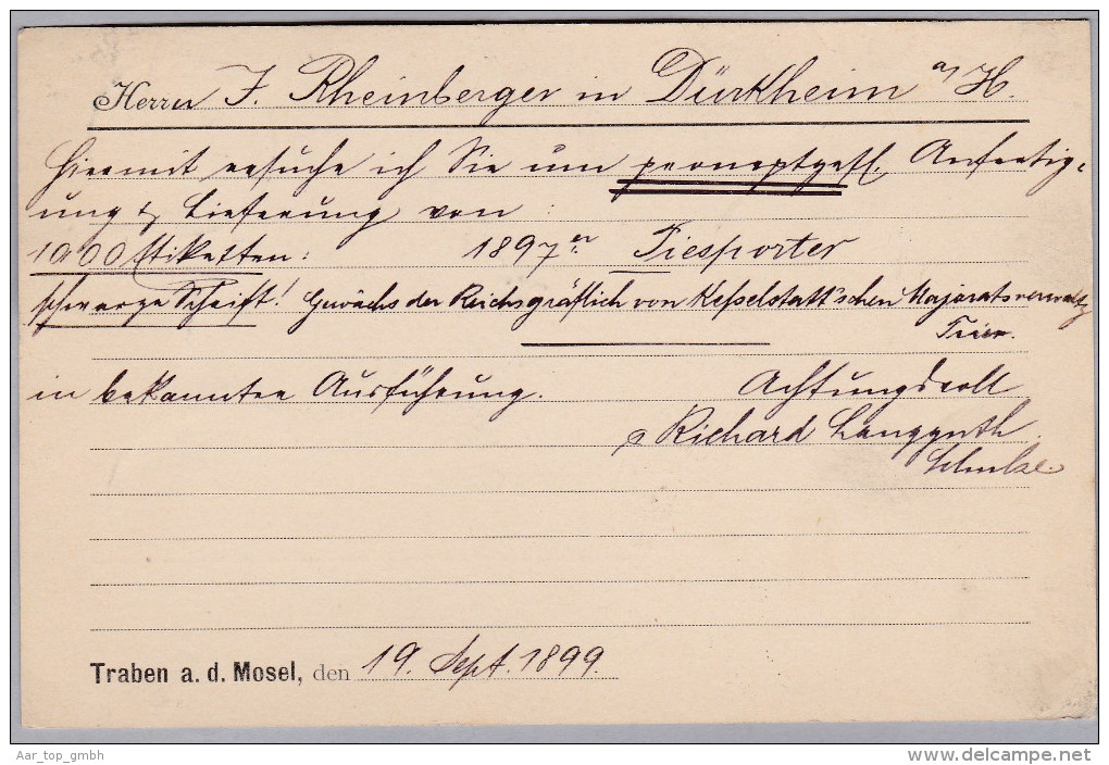 DR 1899-09-19 TRABEN Postkarte Mit Perfin "R.L." Richard Langguth Weinbau - Sonstige & Ohne Zuordnung