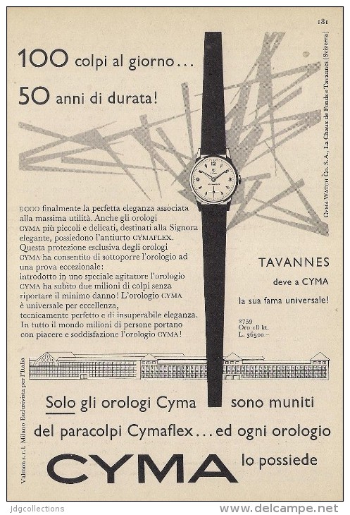 # CYMA TAVANNES SUISSE HORLOGERIE 1950s  Italy Advert Publicitè Reklame Orologio Montre Uhr Reloj Relojo Watch - Montres Publicitaires