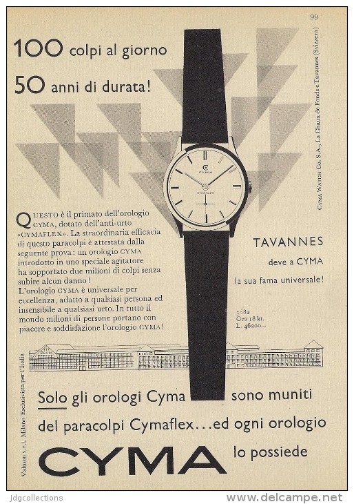 # CYMA TAVANNES SUISSE HORLOGERIE 1950s  Italy Advert Publicitè Reklame Orologio Montre Uhr Reloj Relojo Watch - Montres Publicitaires