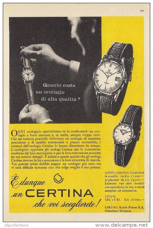 # CERTINA KURTH GRENCHEN SUISSE HORLOGERIE 1950s Italy Advert Publicitè Reklame Orologio Montre Uhr Reloj Relojo Watch - Werbeuhren