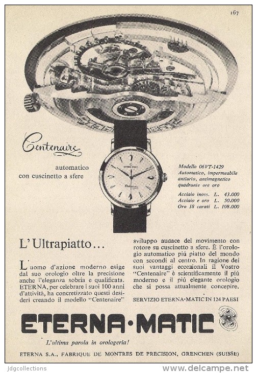 # ETERNA-MATIC GRENCHEN SUISSE HORLOGERIE 1950s Italy Advert Publicitè Reklame Orologio Montre Uhr Reloj Relojo Watch - Werbeuhren