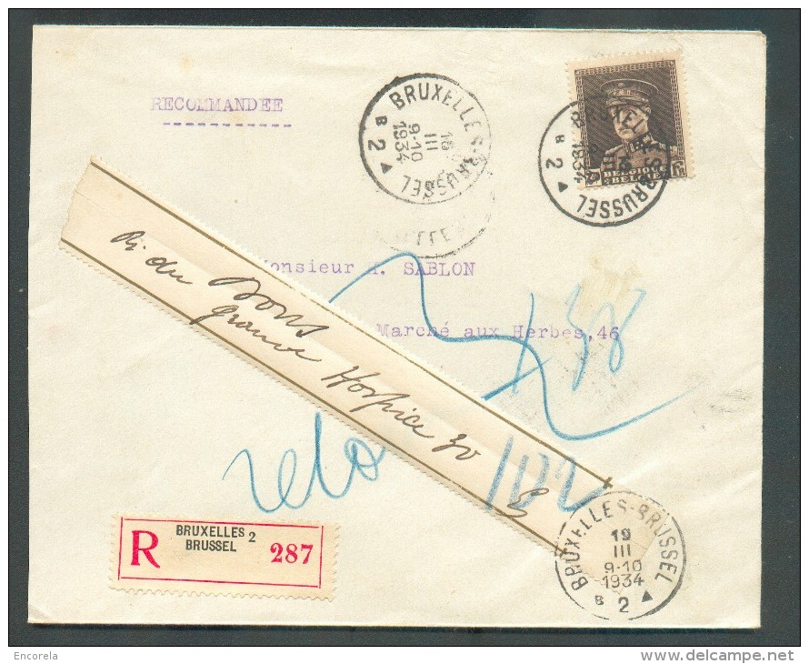 2Fr.50 KEPI Obl. Sc BRUXELLES 2 Sur Lettre Reommandée Du 19-III-1934 Vers La Ville (adresse Bifée) + Papillon De Réexpéd - 1931-1934 Képi