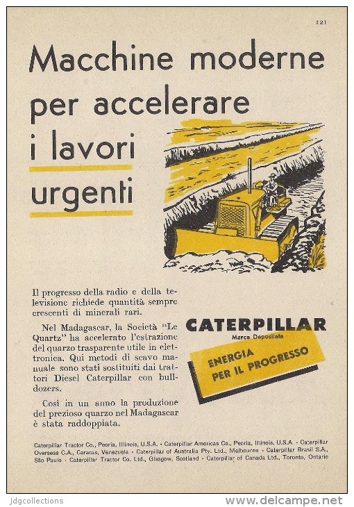 # CATERPILLAR TRACTOR Co.USA 1950s Italy Advert Pub Reklame Magagascar Quartz - Traktoren