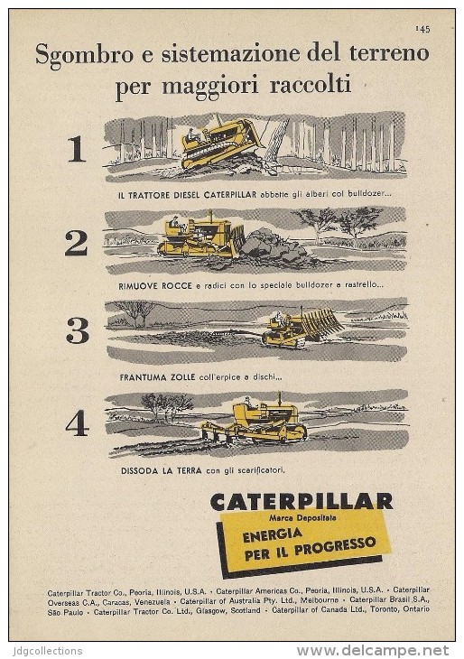 # CATERPILLAR TRACTOR Co.USA 1950s Italy Advert Pub Reklame Peoria Illinois USA Bulldozer - Trattori