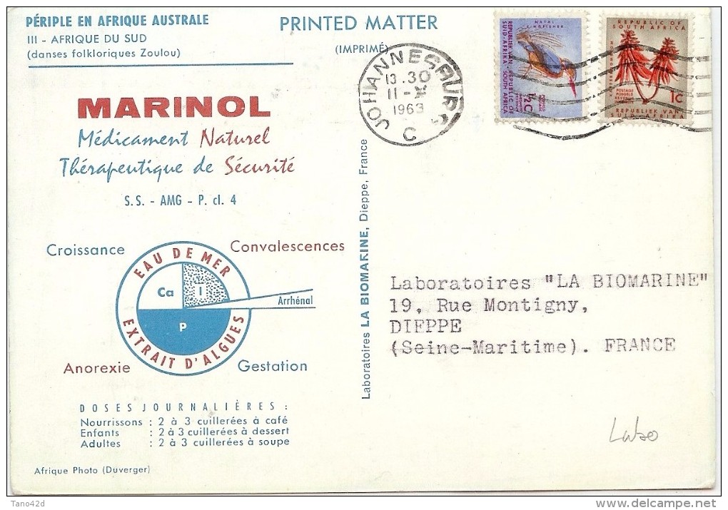 LBL33/B - AFRIQUE DU SUD SUR CP PUBLICITAIRE MARINOL JOHANNESBURG / DIEPPE 1963 - Lettres & Documents