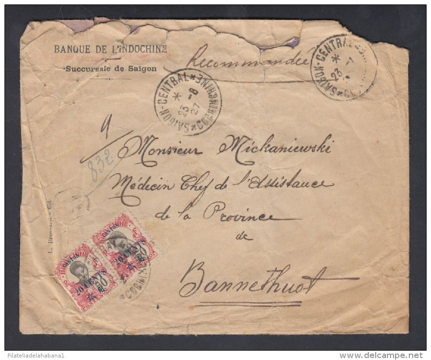 *F-EX1265 CHINA FRANCE CANTON REGISTERED COVER VIETNAM CONCHINCHINE 1927 - Other & Unclassified