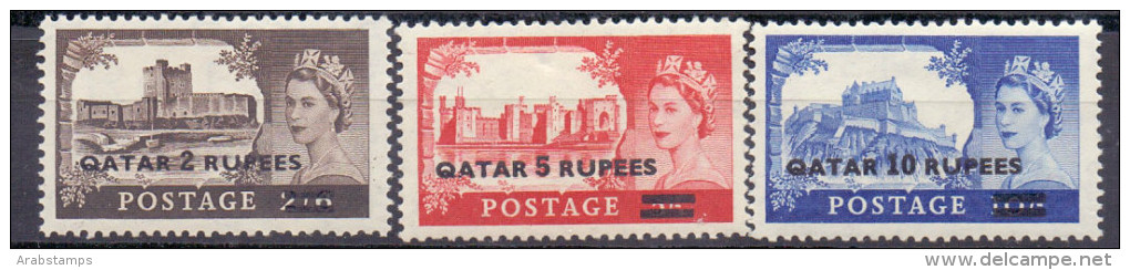 1955 QATAR Queen's Palaces OVERPRINT Complete Set 3  Values MNH    (Or Best Offer) - Qatar