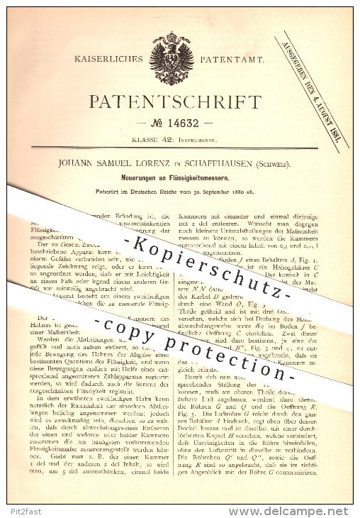 Original Patent - Johann Samuel Lorenz , Schaffhausen  , 1880 , Flüssigkeitsmesser , Flüssigkeiten , Messen , Maßeinheit - Documents Historiques