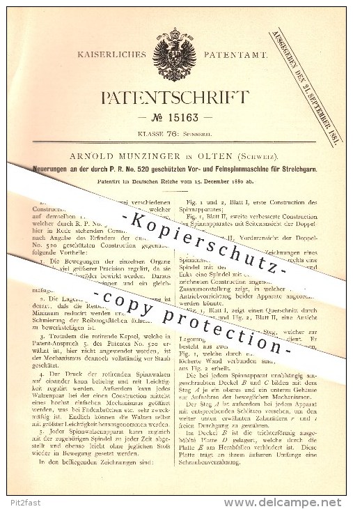 Original Patent - A. Munzinger In Olten , 1880 , Spinnmaschine Für Streichgarn , Spinnen , Spinnerei , Garn , Spinnrad ! - Historische Dokumente