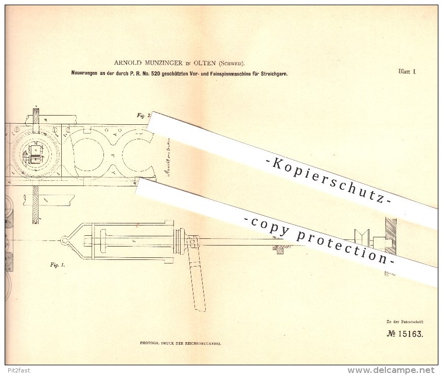 Original Patent - A. Munzinger In Olten , 1880 , Spinnmaschine Für Streichgarn , Spinnen , Spinnerei , Garn , Spinnrad ! - Historische Dokumente